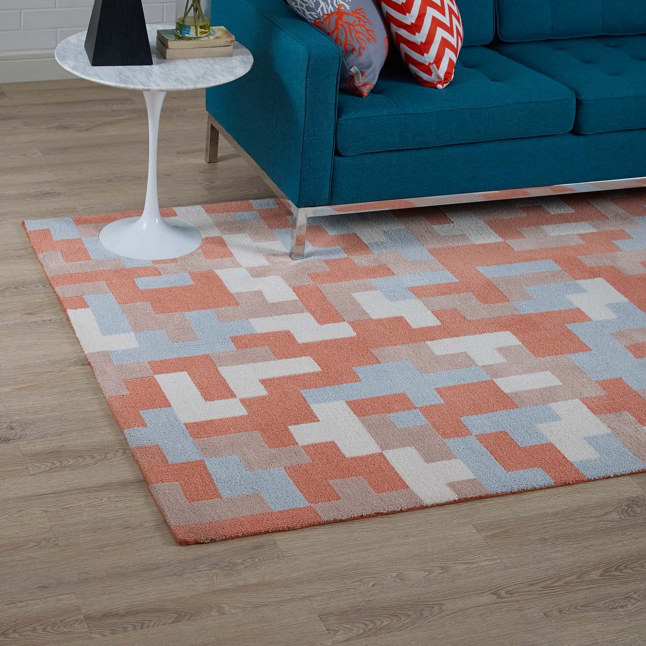 8-Bit Puzzle 8x10 Area Rug, Orange & Light Blue