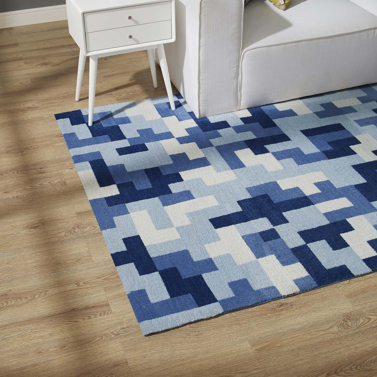 8-Bit Puzzle 5x8 Area Rug, Light Blue & Dark Blue