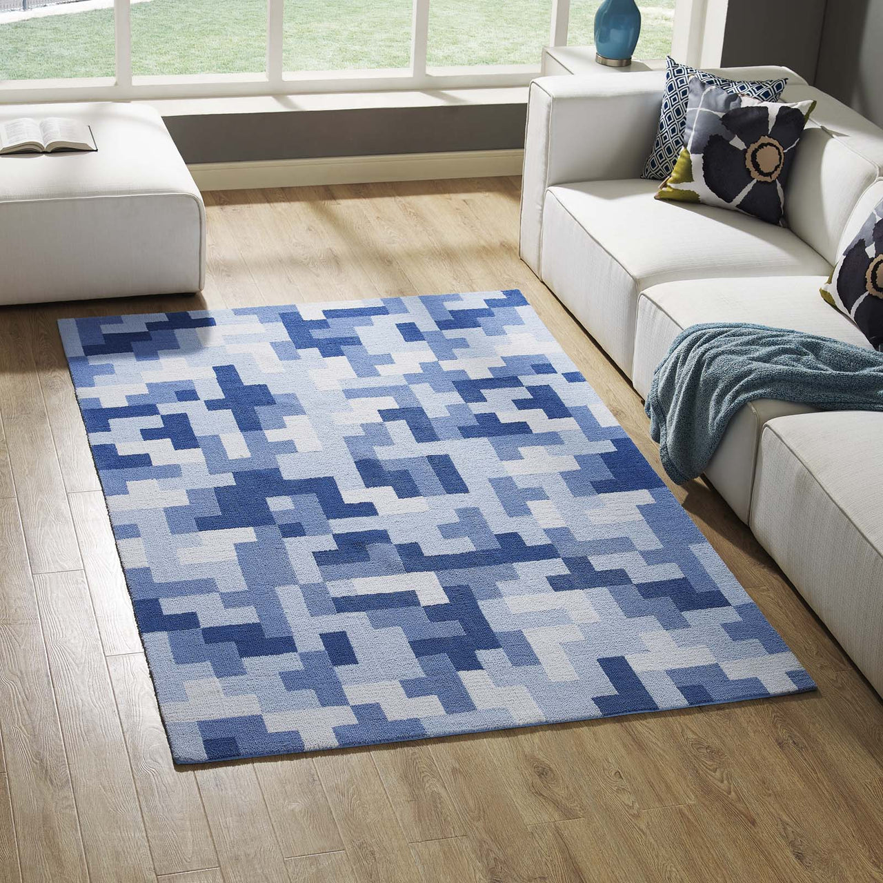8-Bit Puzzle 5x8 Area Rug, Light Blue & Dark Blue