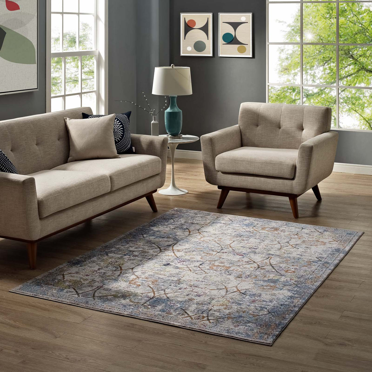 Archetype 5x8 Area Rug, Light Blue, Yellow and Orange