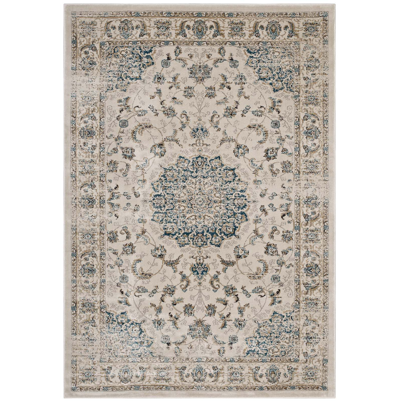 Blossom Ceremony 8x10 Area Rug, Teal & Beige