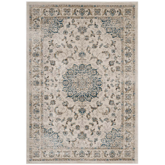 Blossom Ceremony 8x10 Area Rug, Teal & Beige