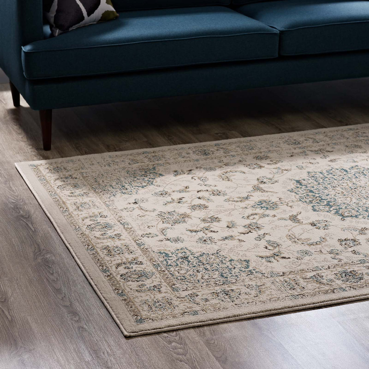 Blossom Ceremony 8x10 Area Rug, Teal & Beige