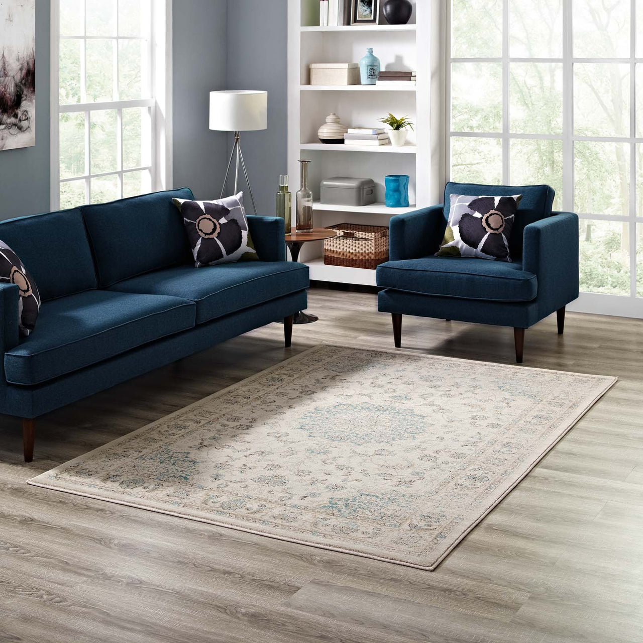 Blossom Ceremony 8x10 Area Rug, Teal & Beige