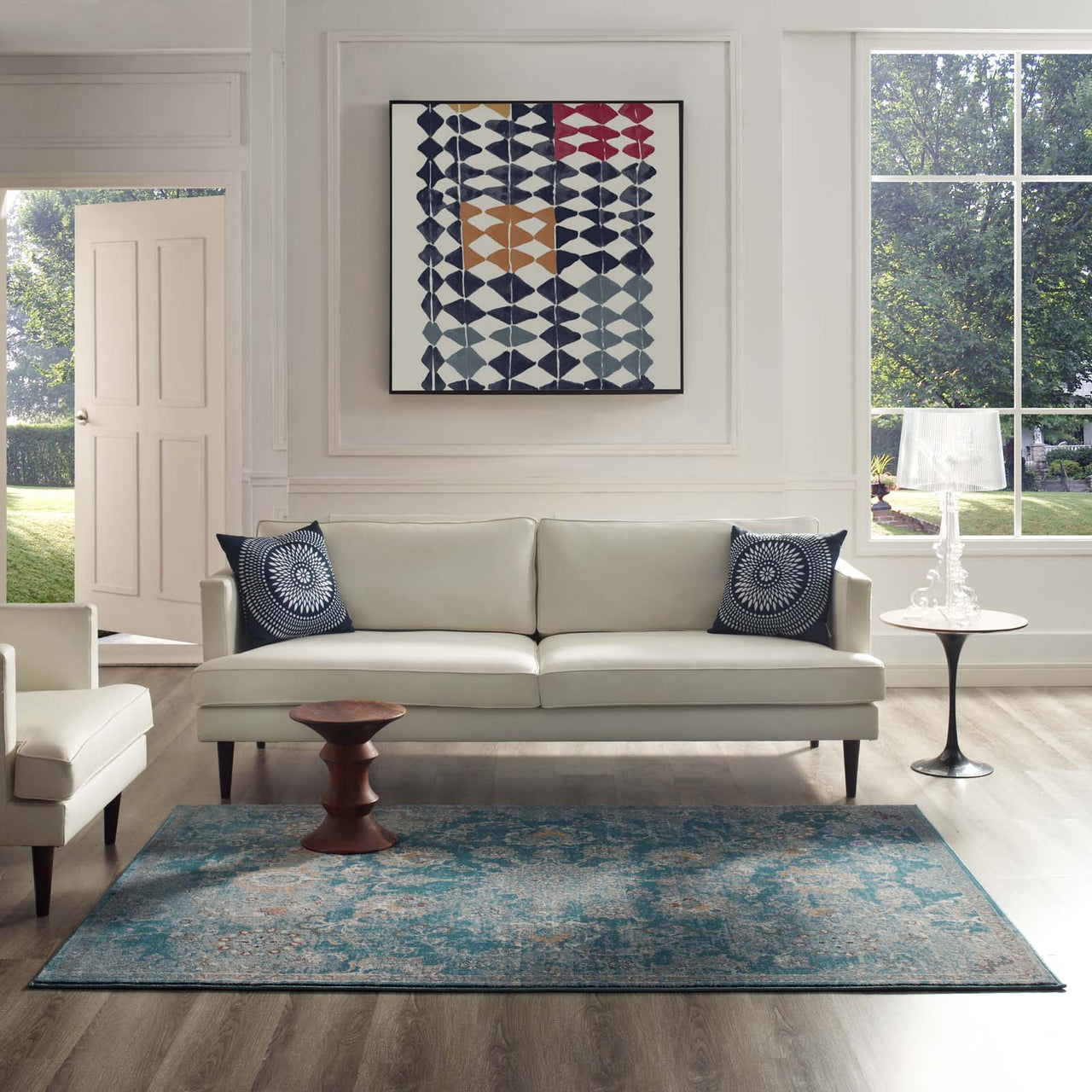 Chakra Swadhisthana 5x8 Area Rug, Silver Blue, Teal and Beige