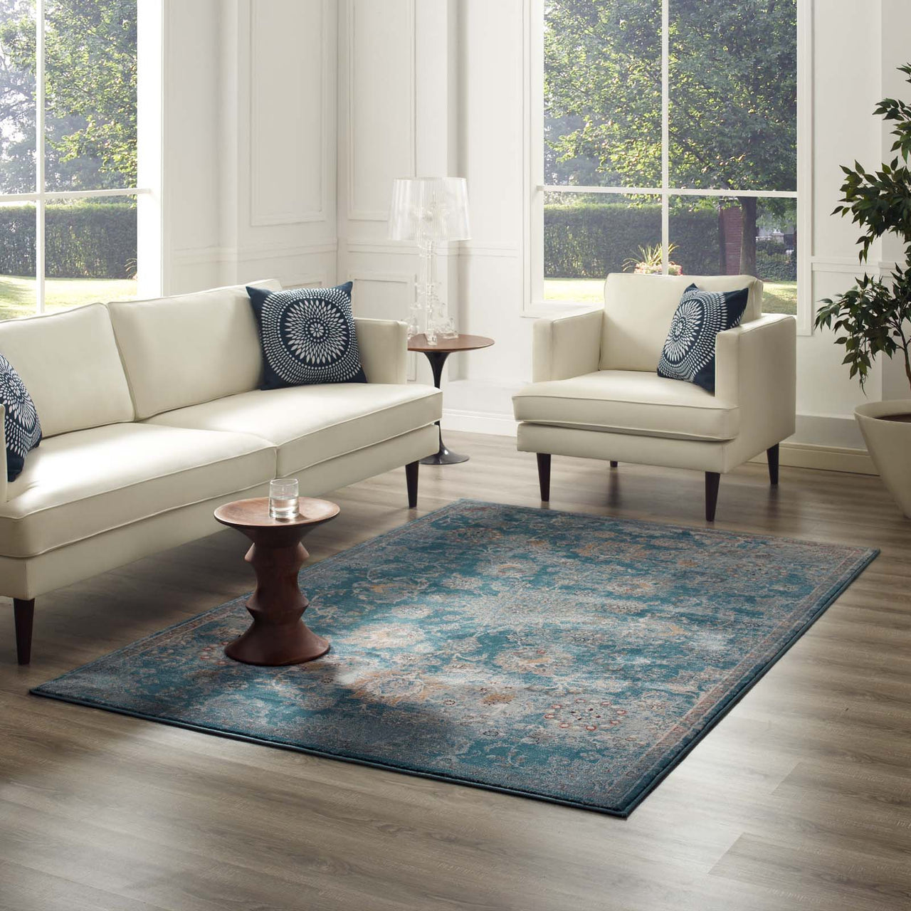 Chakra Swadhisthana 5x8 Area Rug, Silver Blue, Teal and Beige