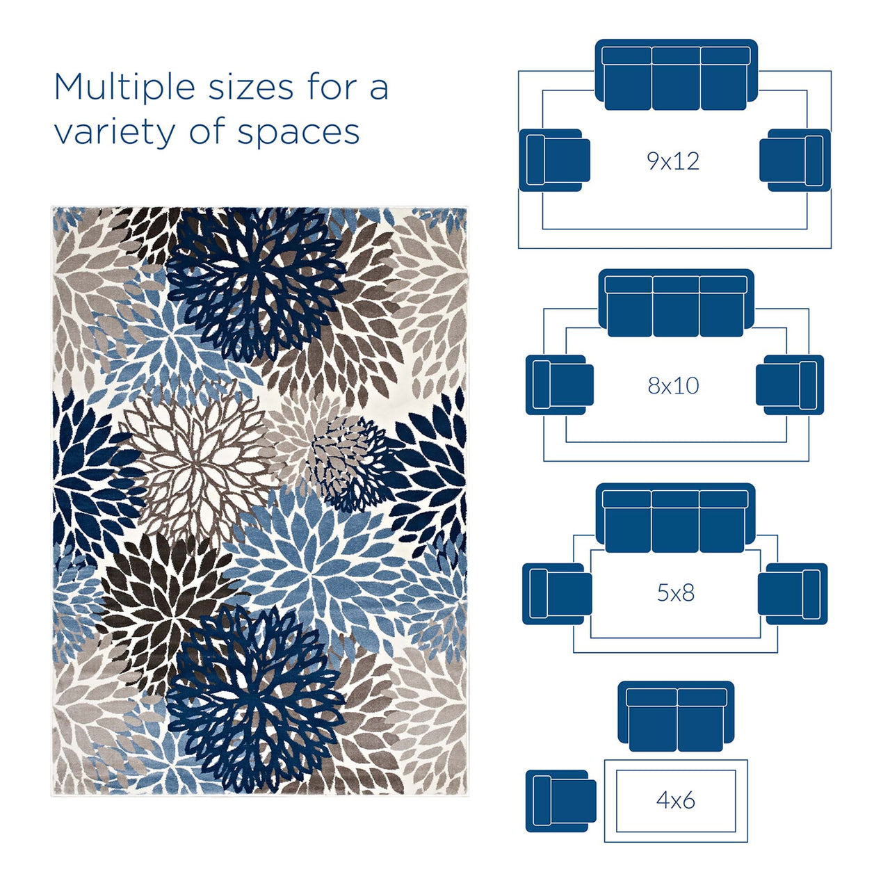 Flora Burst 4x6 Area Rug, Blue, Brown and Beige