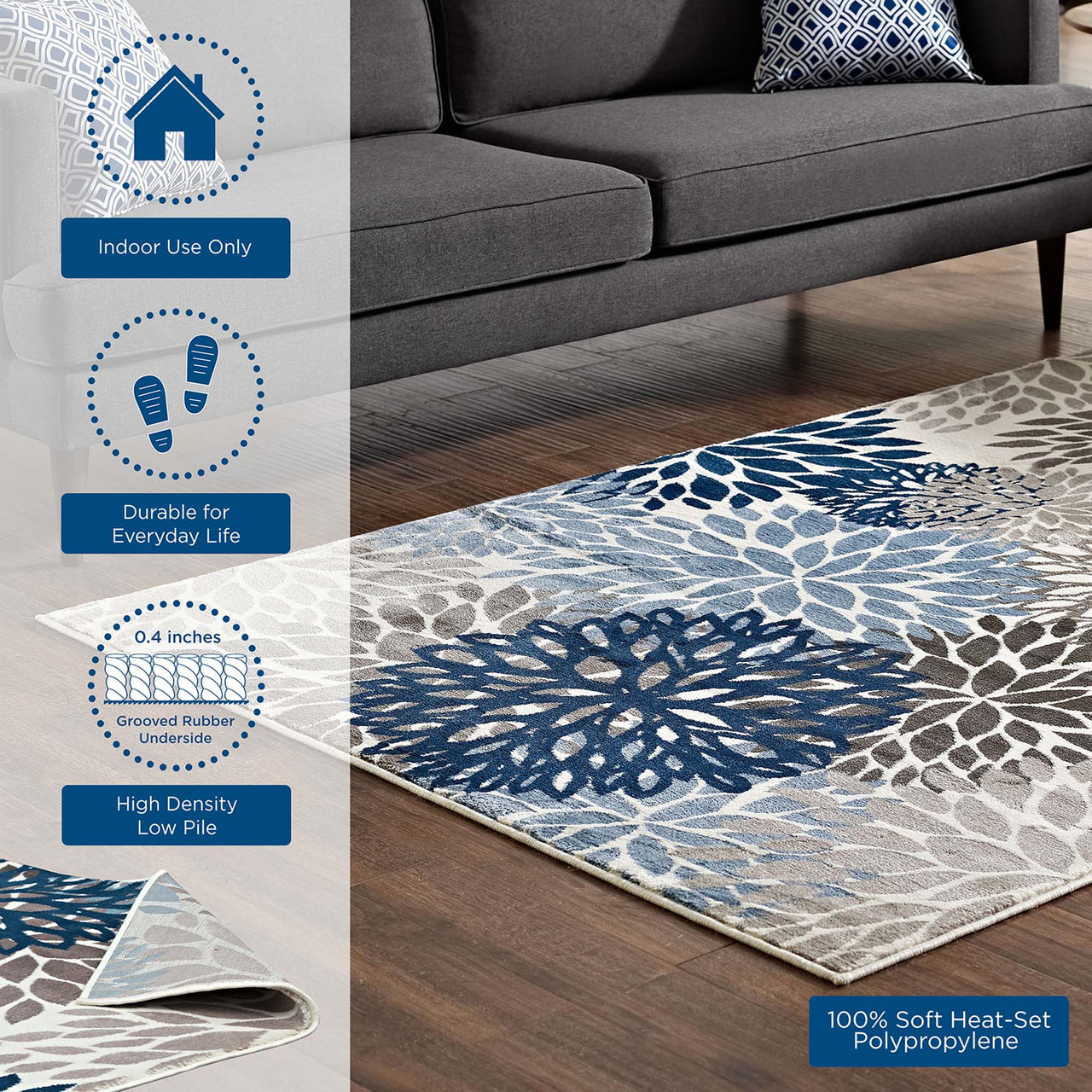 Flora Burst 4x6 Area Rug, Blue, Brown and Beige