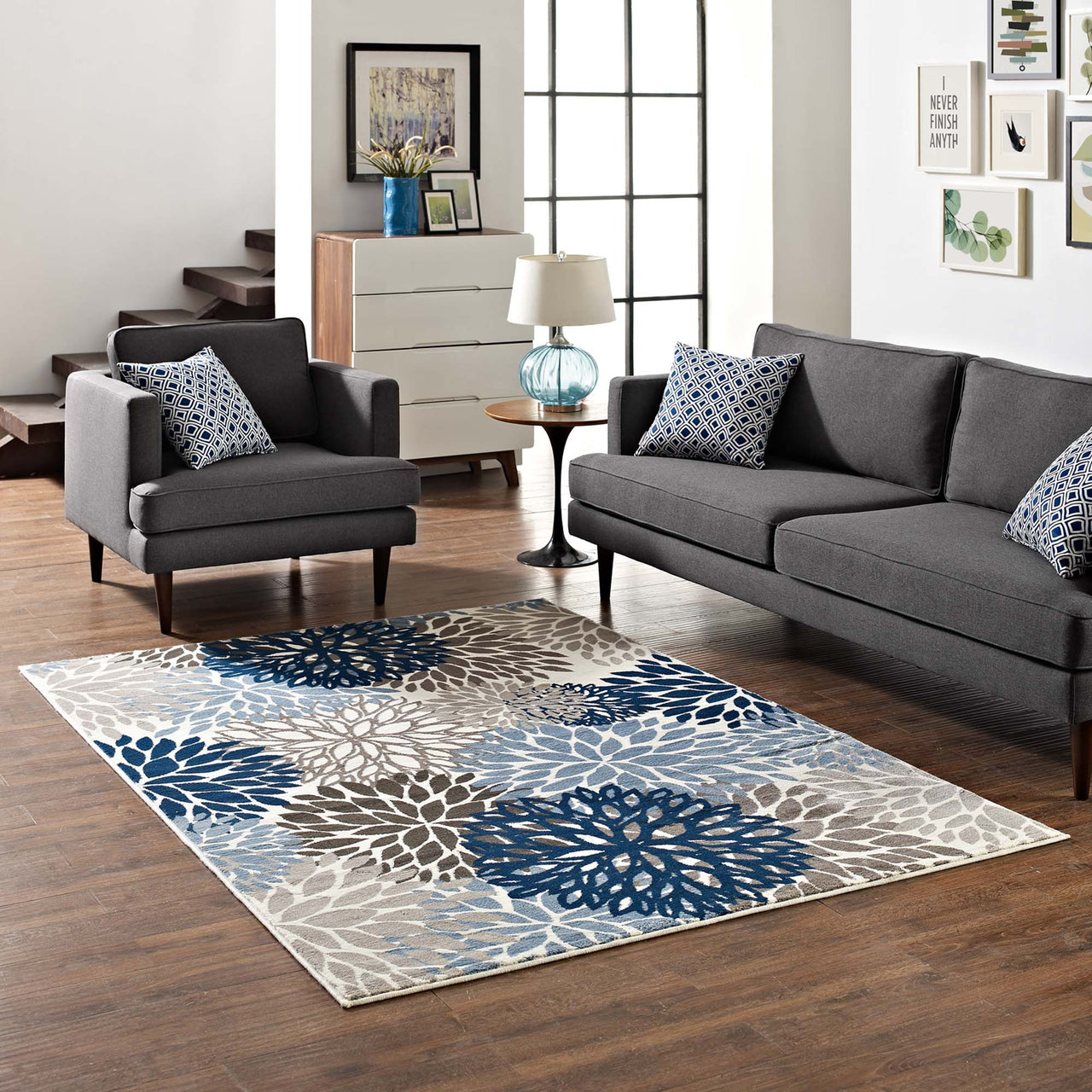 Flora Burst 4x6 Area Rug, Blue, Brown and Beige