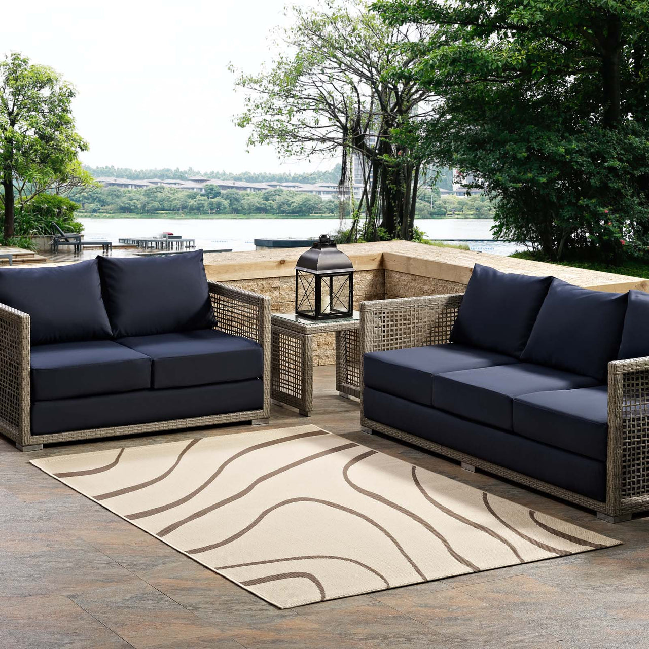 Sedimentary Ripples Indoor | Outdoor 8x10 Area Rug, Light Beige & Dark Beige