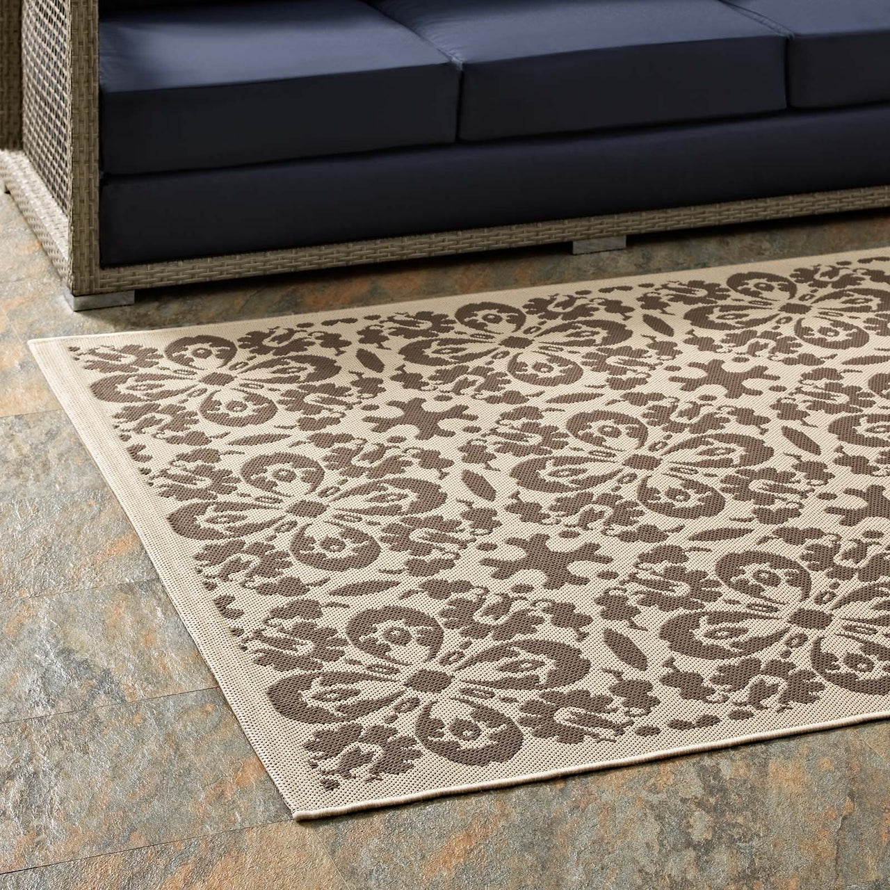 Aubrea Blossom Indoor | Outdoor 5x8 Area Rug, Light Beige & Dark Beige