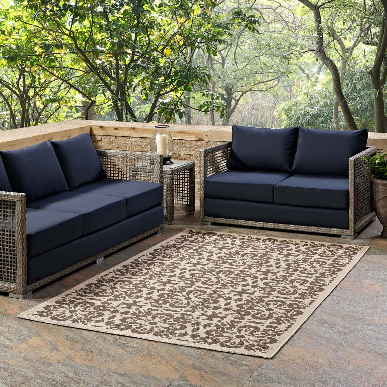 Aubrea Blossom Indoor | Outdoor 5x8 Area Rug, Light Beige & Dark Beige