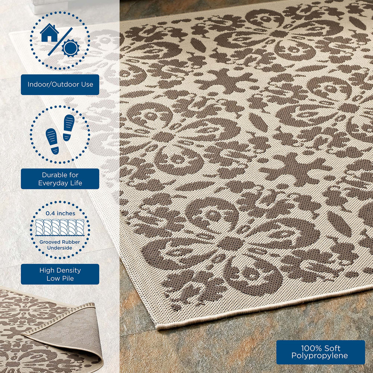 Aubrea Blossom Indoor | Outdoor 9x12 Area Rug, Light Beige & Dark Beige
