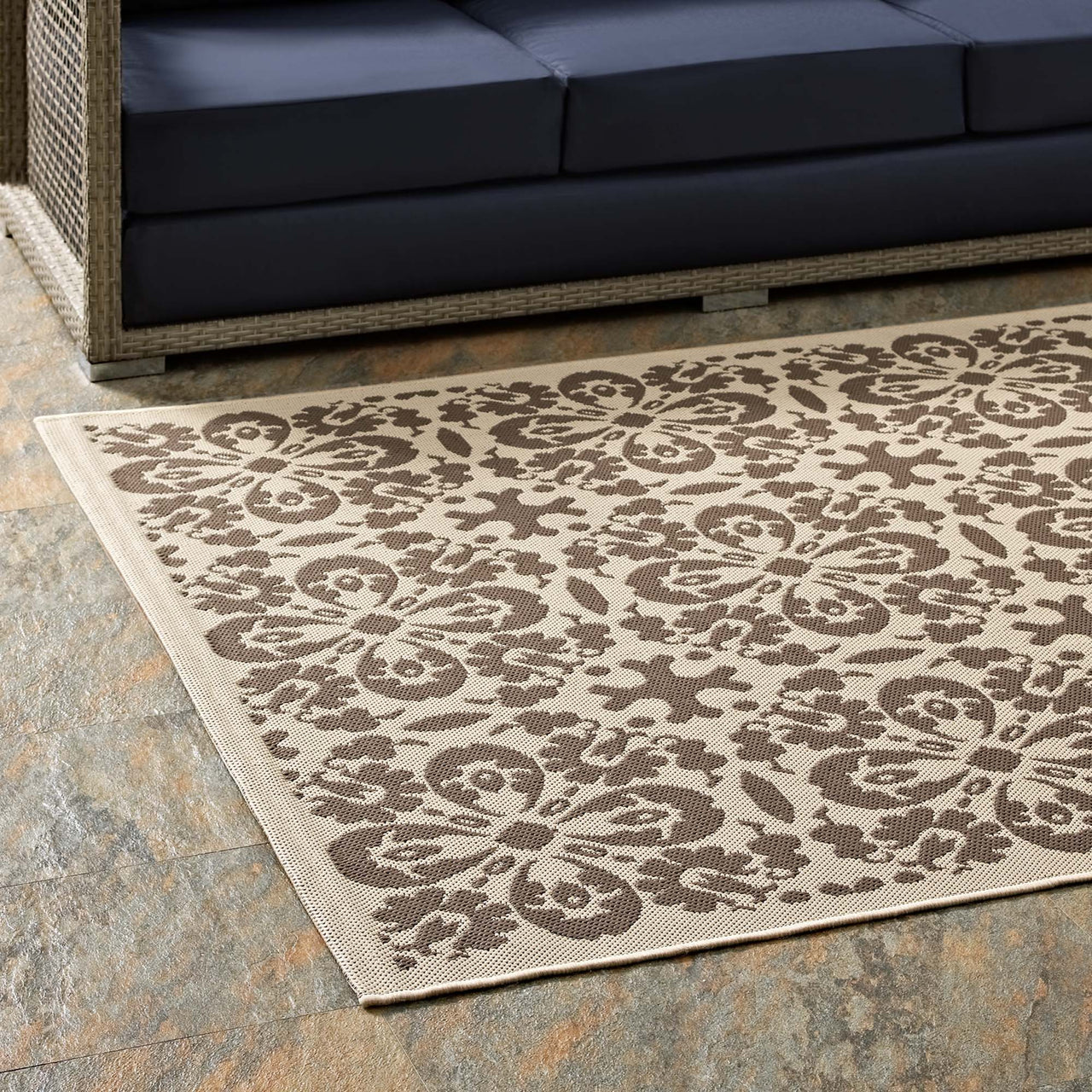 Aubrea Blossom Indoor | Outdoor 9x12 Area Rug, Light Beige & Dark Beige