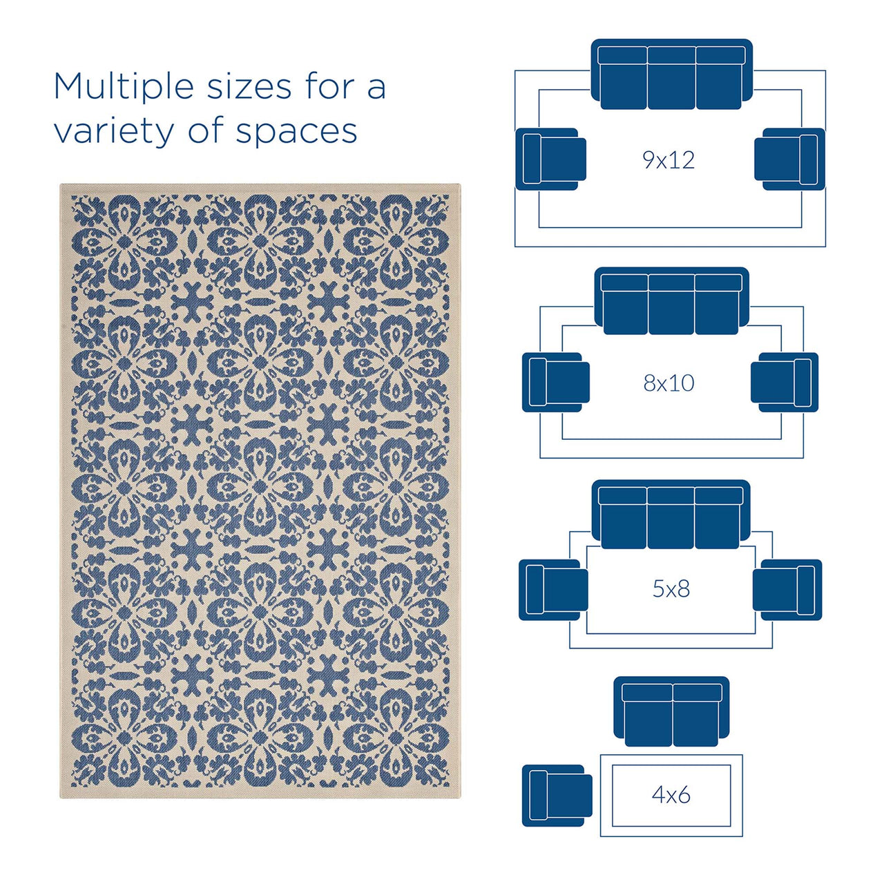 Aubrea Blossom Indoor | Outdoor 4x6 Area Rug, Blue & Beige