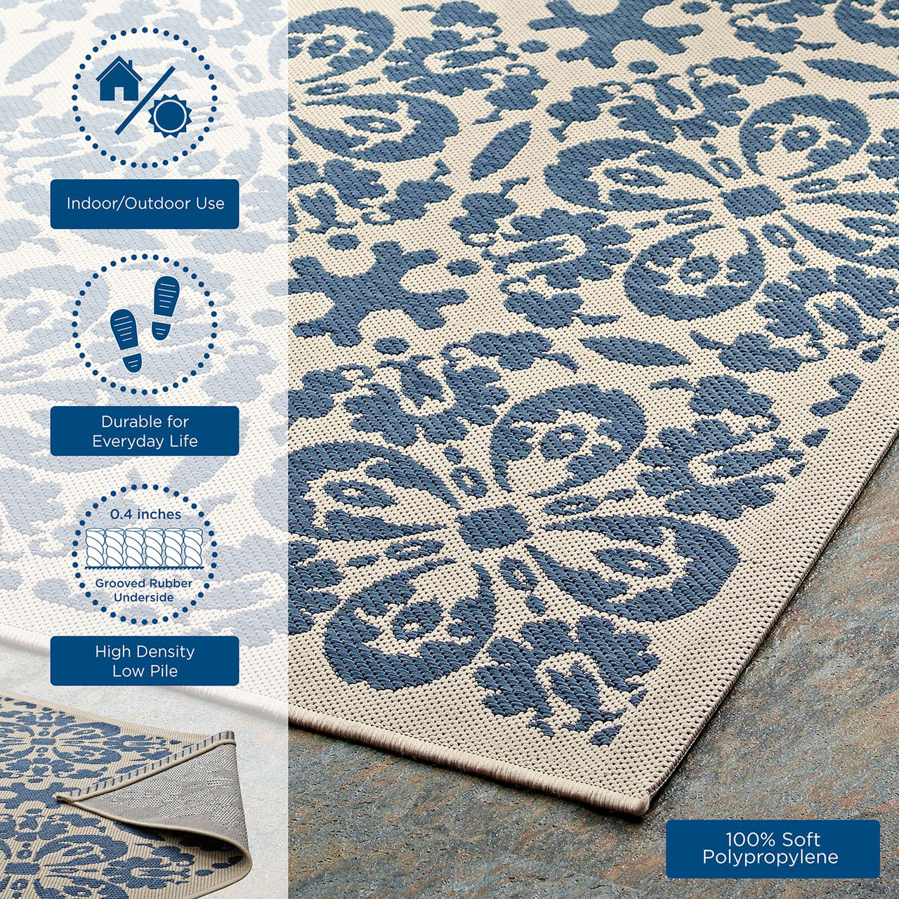 Aubrea Blossom Indoor | Outdoor 4x6 Area Rug, Blue & Beige
