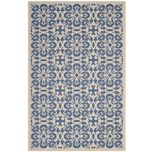 Aubrea Blossom Indoor | Outdoor 5x8 Area Rug, Blue & Beige