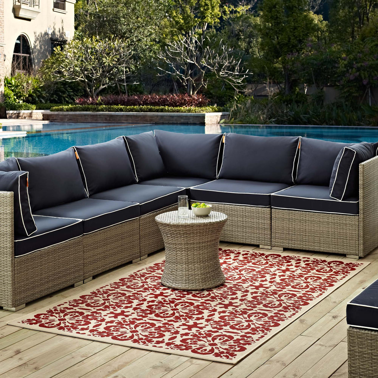 Aubrea Blossom Indoor | Outdoor 9x12 Area Rug, Red & Beige