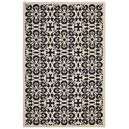 Aubrea Blossom Indoor | Outdoor 5x8 Area Rug, Black & Beige