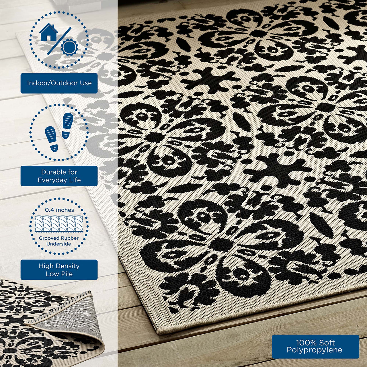 Aubrea Blossom Indoor | Outdoor 9x12 Area Rug, Black & Beige