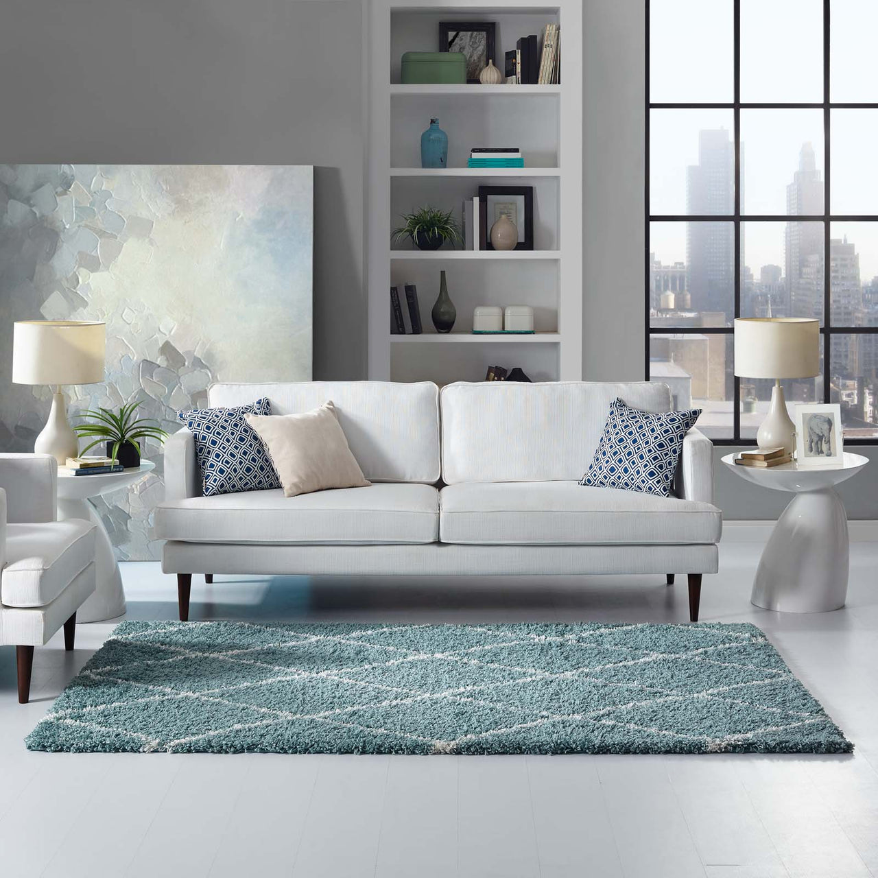 Winter Crystals 5x8 Shag Area Rug, Aqua Blue & Ivory