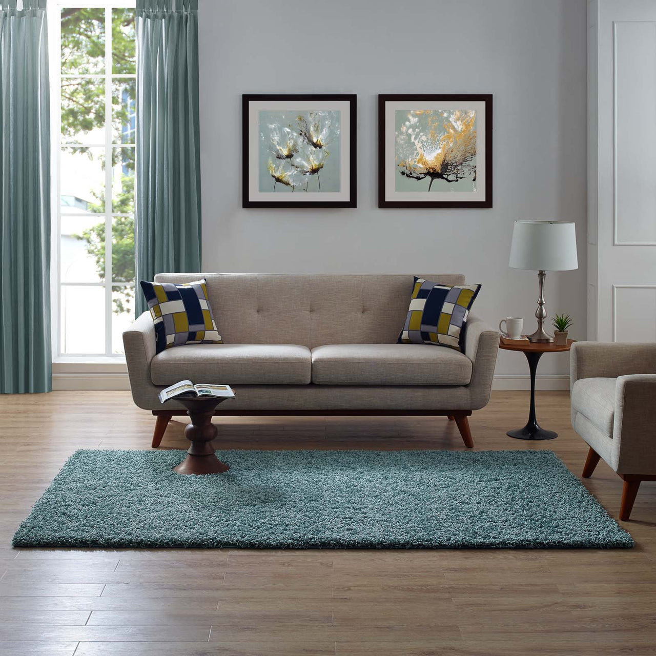 Skara 5x8 Shag Area Rug, Aqua Blue & Ivory
