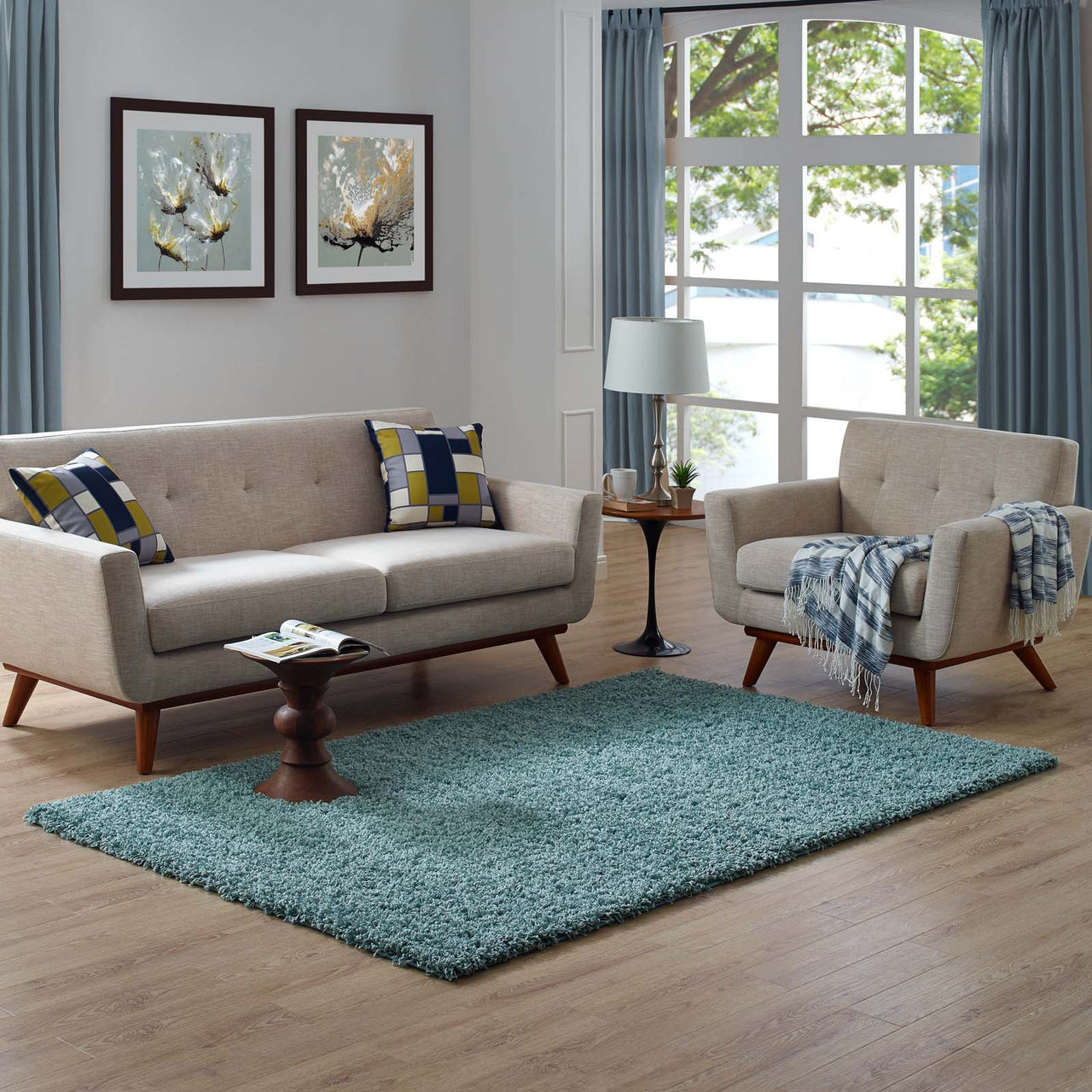 Skara 5x8 Shag Area Rug, Aqua Blue & Ivory