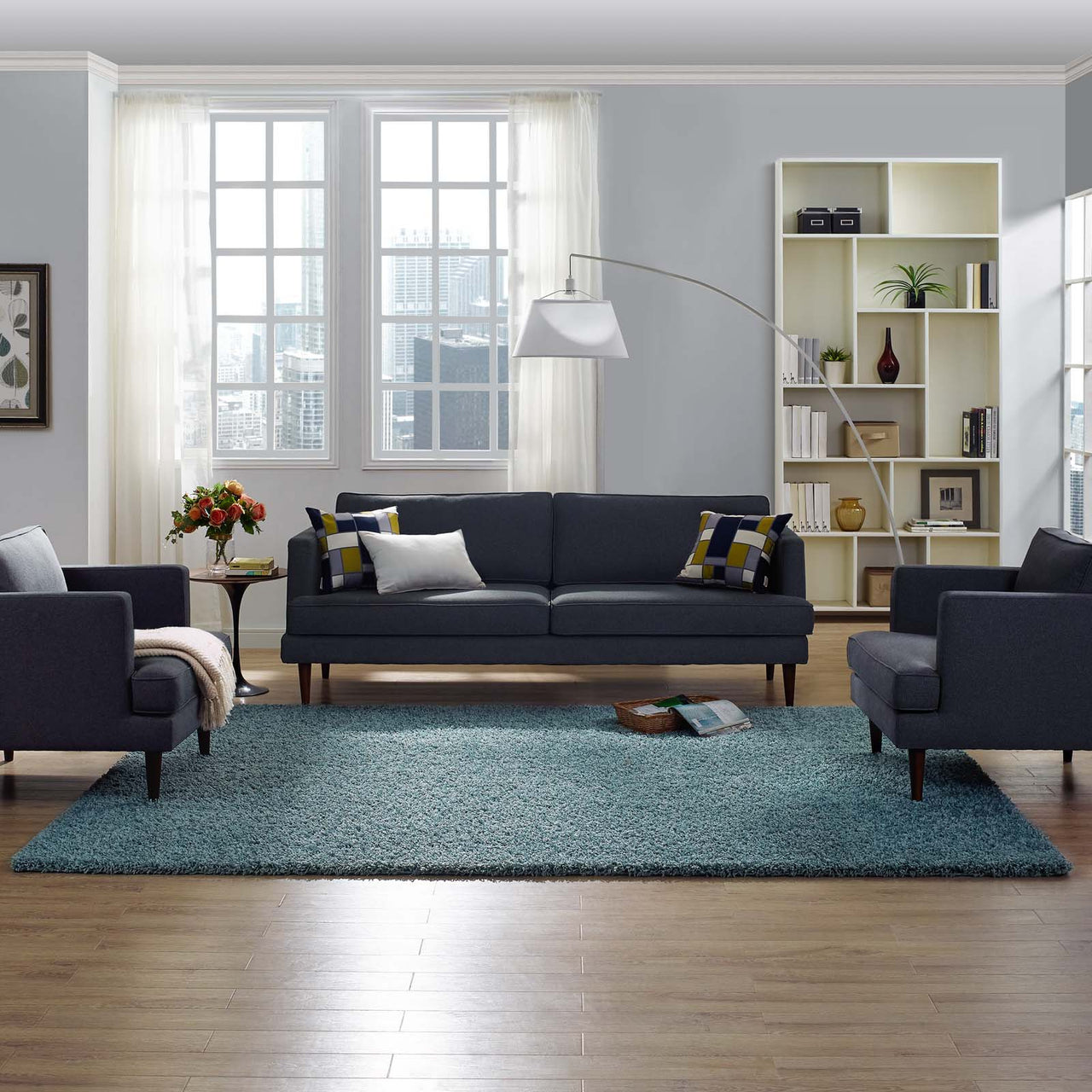 Skara 8x10 Shag Area Rug, Aqua Blue & Ivory