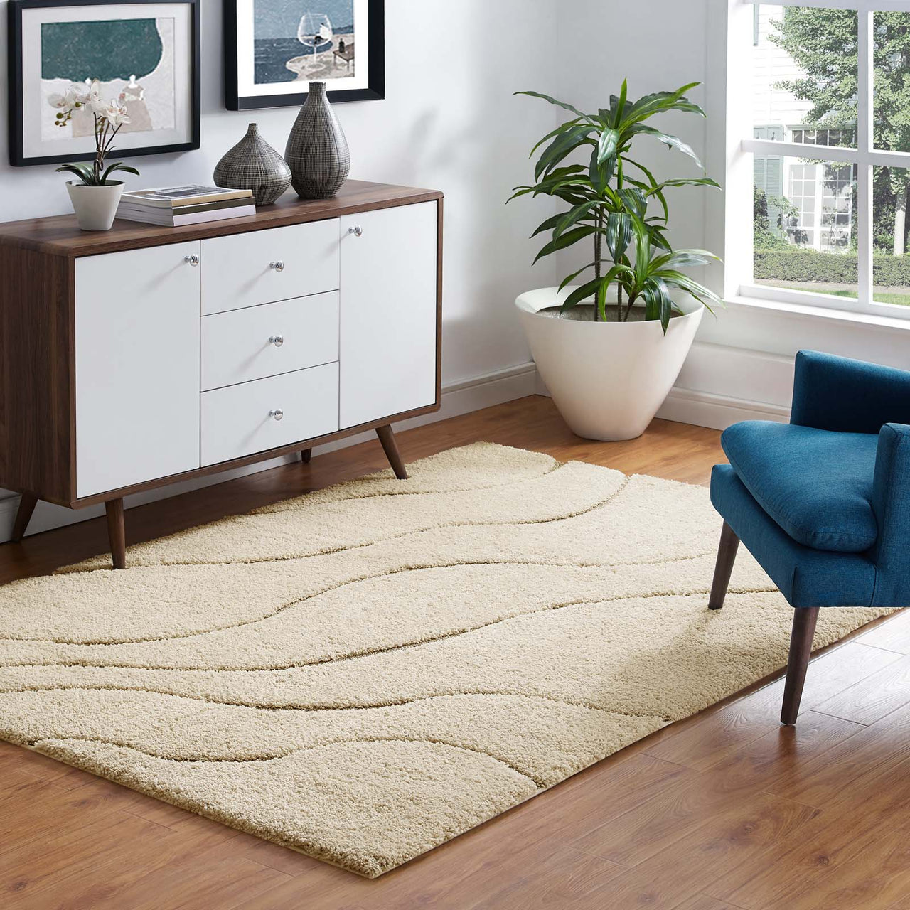 Floriva Wave Shag 5x8 Area Rug, Cream & Beige