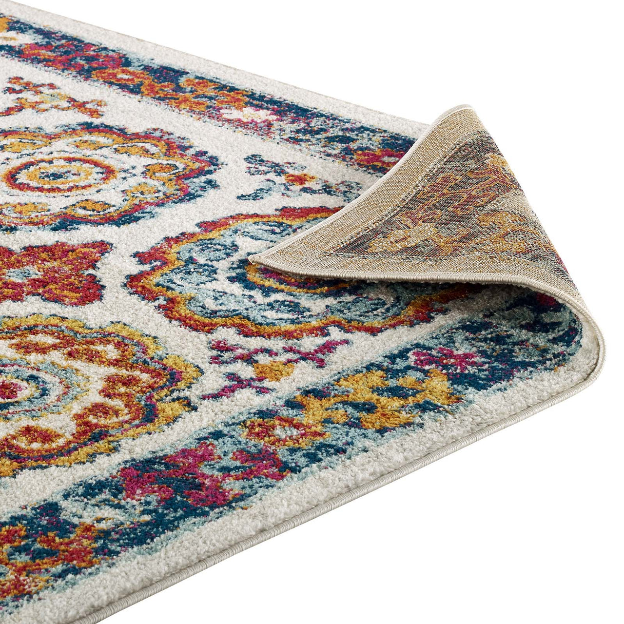 Chakra Karmic Contracts 5x8 Area Rug, Ivory, Blue, Red, Orange and Yellow