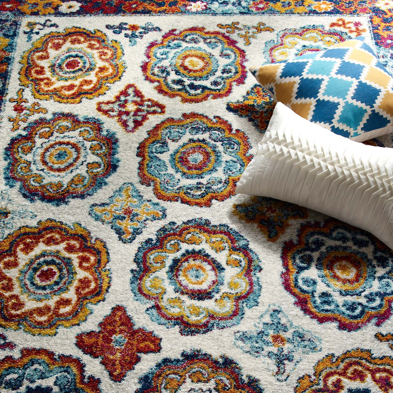 Chakra Karmic Contracts 5x8 Area Rug, Ivory, Blue, Red, Orange and Yellow