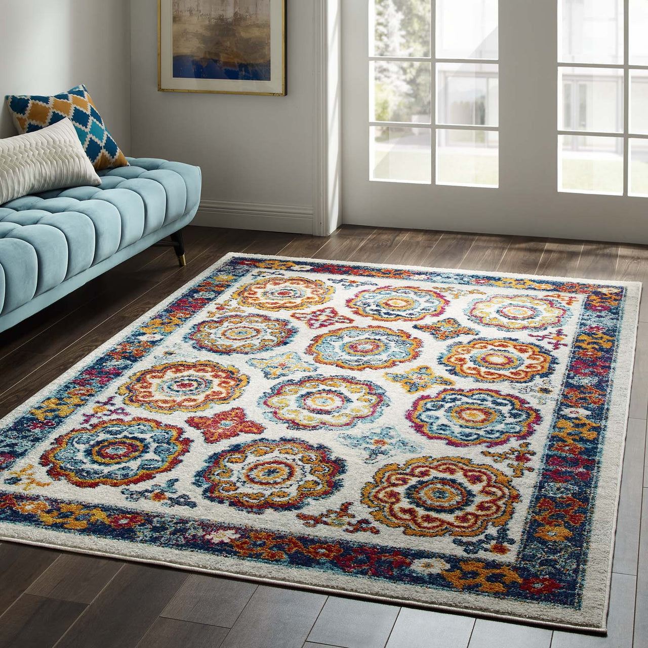 Chakra Karmic Contracts 5x8 Area Rug, Ivory, Blue, Red, Orange and Yellow