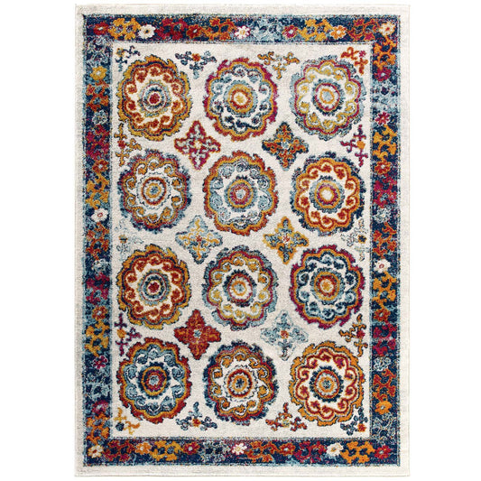 Chakra Karmic Contracts 8x10 Area Rug, Ivory, Blue, Red, Orange and Yellow