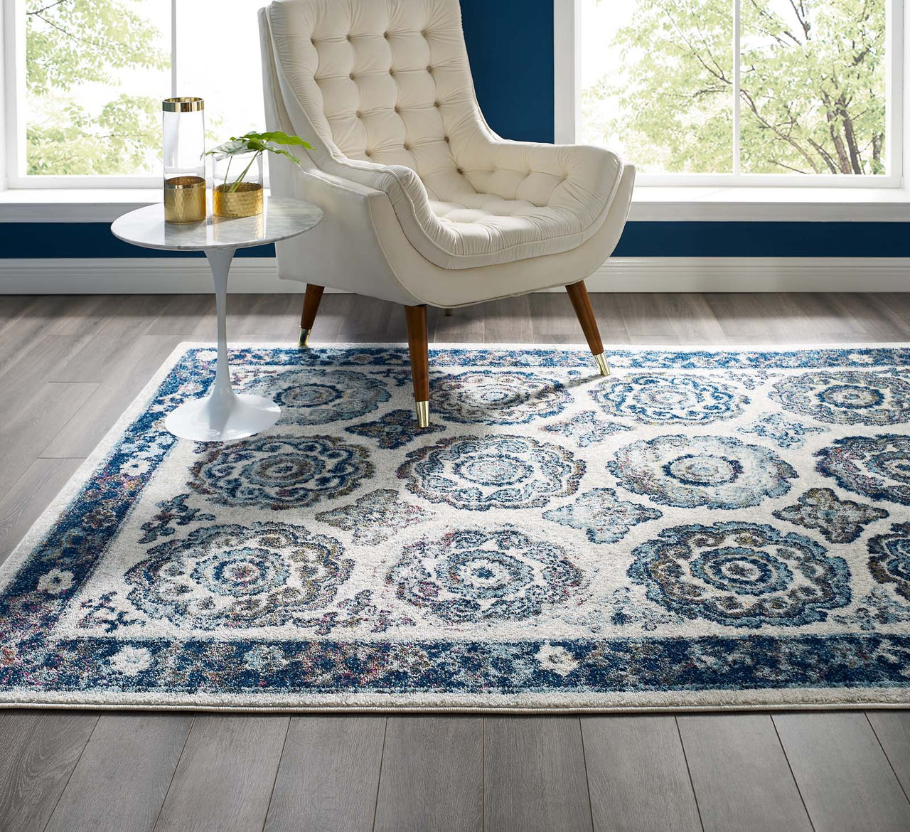 Chakra Karmic Contracts 5x8 Area Rug, Ivory & Blue