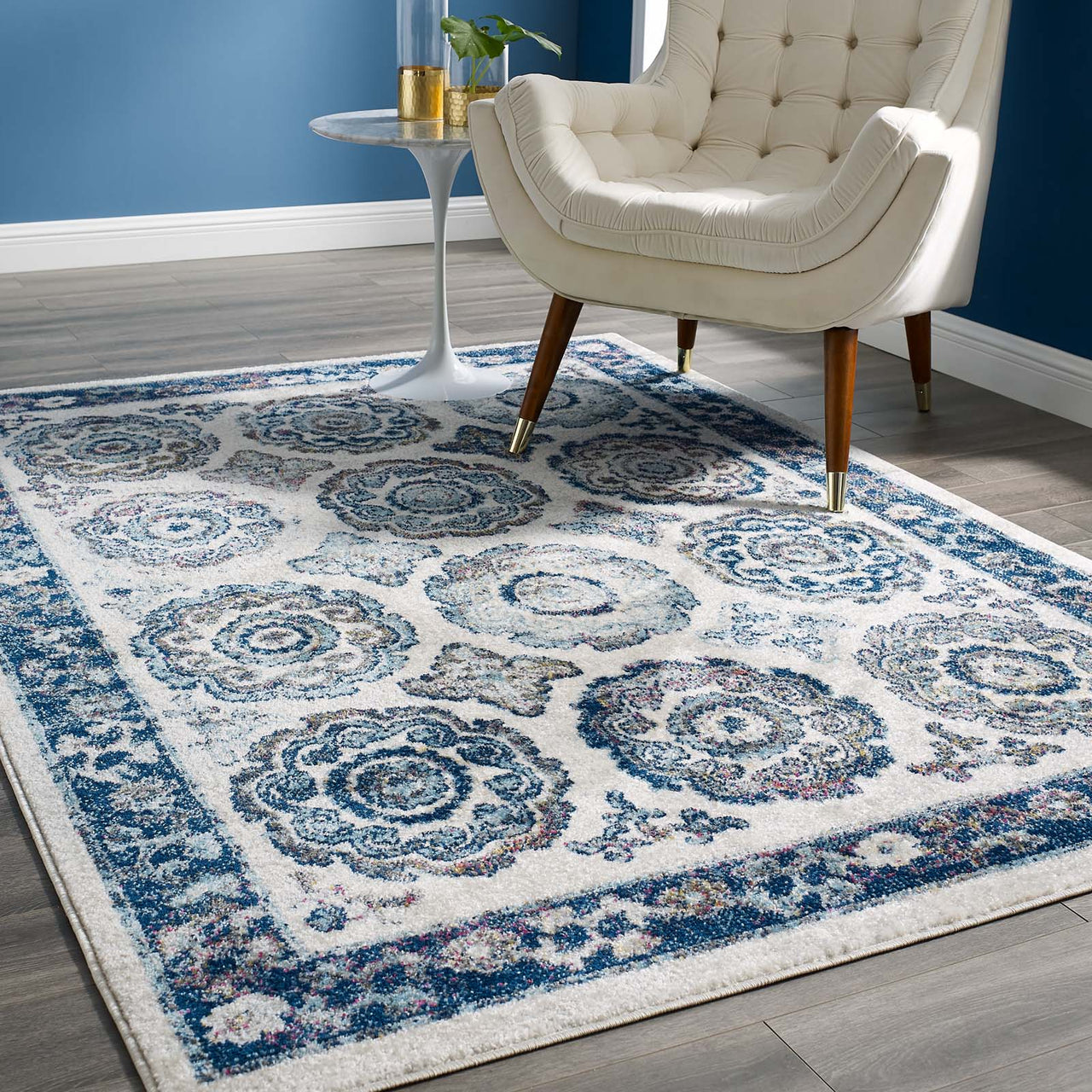 Chakra Karmic Contracts 5x8 Area Rug, Ivory & Blue
