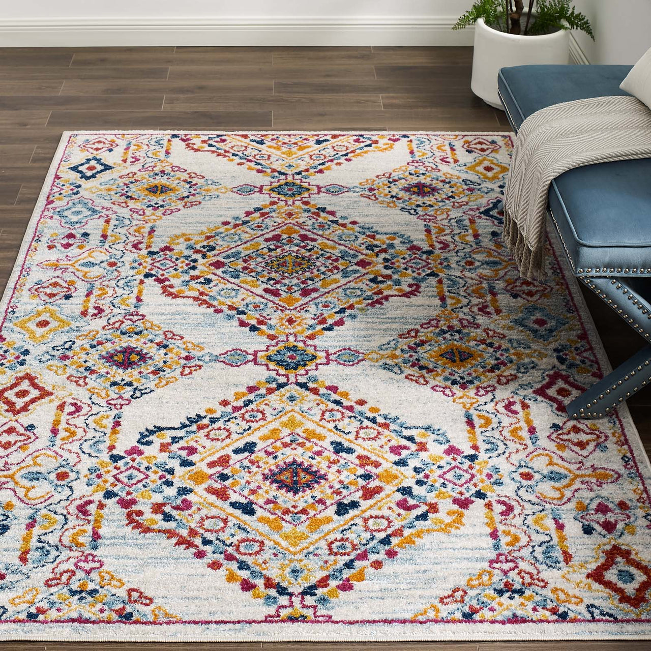 Chakra Alignment 5x8 Area Rug, Ivory, Blue, Red, Orange and Yellow