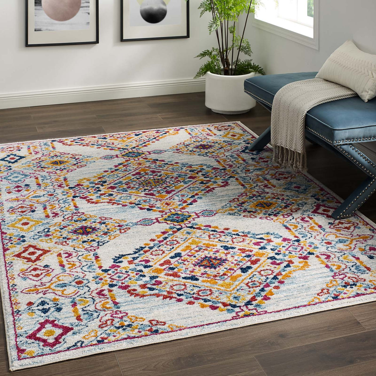 Chakra Alignment 5x8 Area Rug, Ivory, Blue, Red, Orange and Yellow
