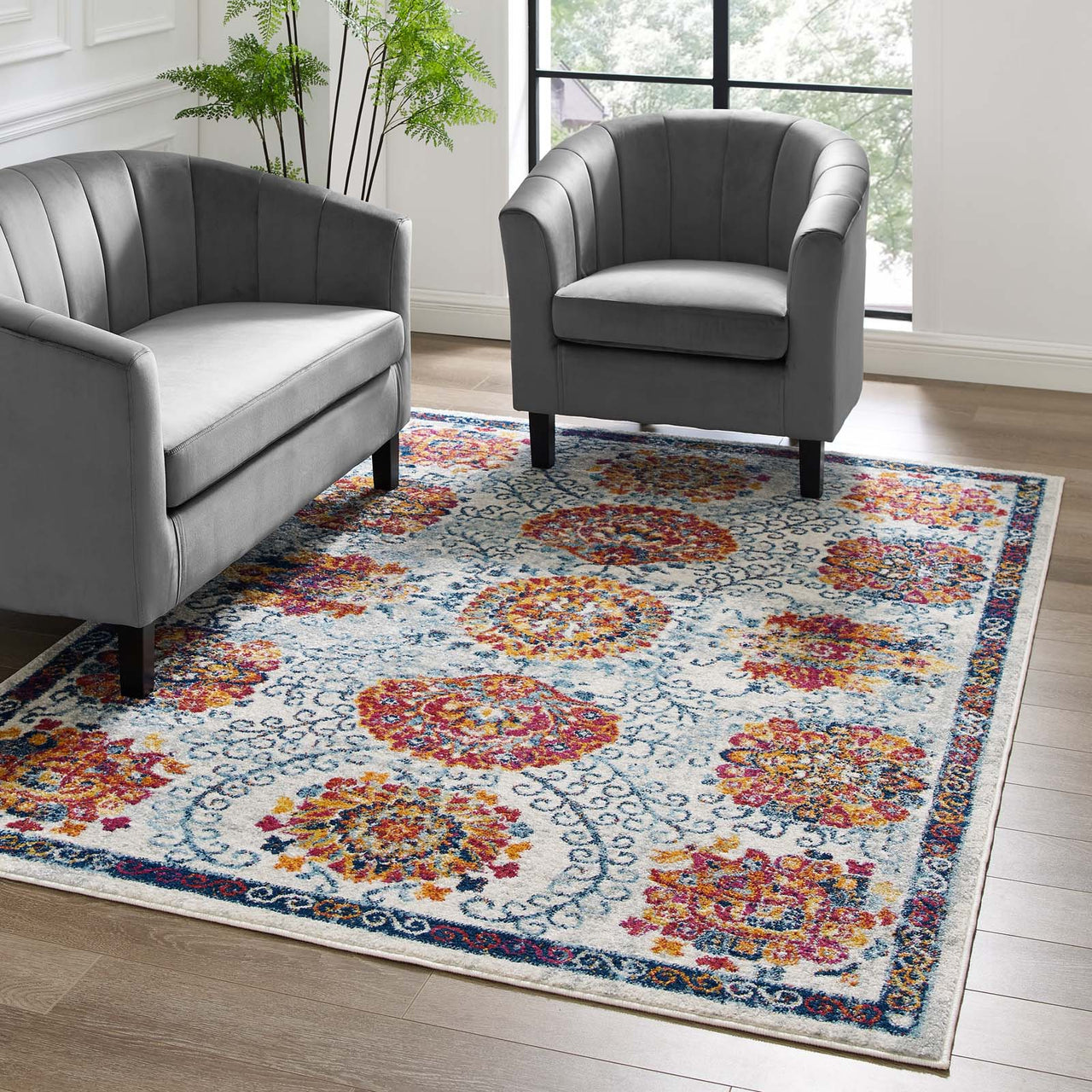 Chakra Sacred Echo 5x8 Area Rug, Ivory, Blue, Red, Orange and Yellow