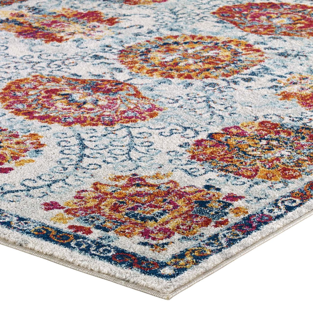 Chakra Sacred Echo 8x10 Area Rug, Ivory, Blue, Red, Orange and Yellow