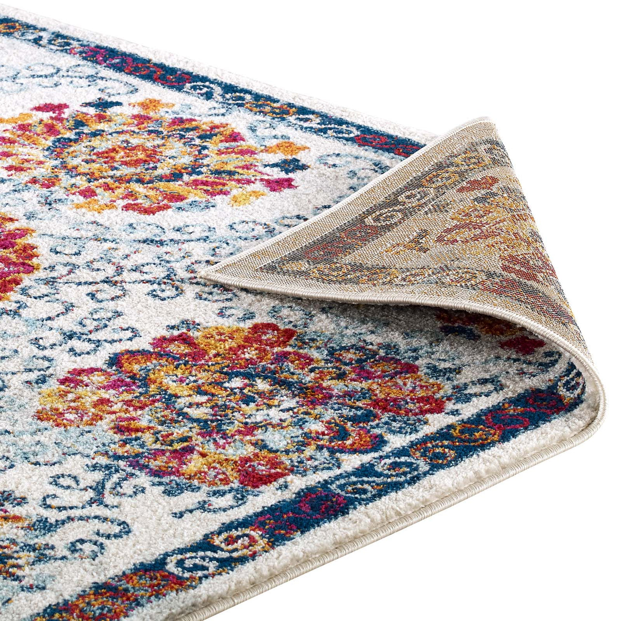 Chakra Sacred Echo 8x10 Area Rug, Ivory, Blue, Red, Orange and Yellow