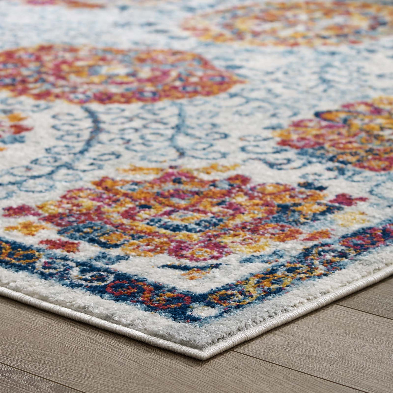 Chakra Sacred Echo 8x10 Area Rug, Ivory, Blue, Red, Orange and Yellow
