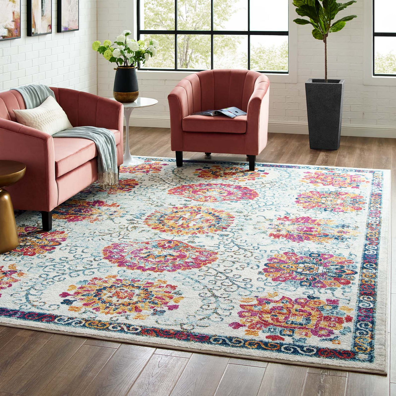 Chakra Sacred Echo 8x10 Area Rug, Ivory, Blue, Red, Orange and Yellow