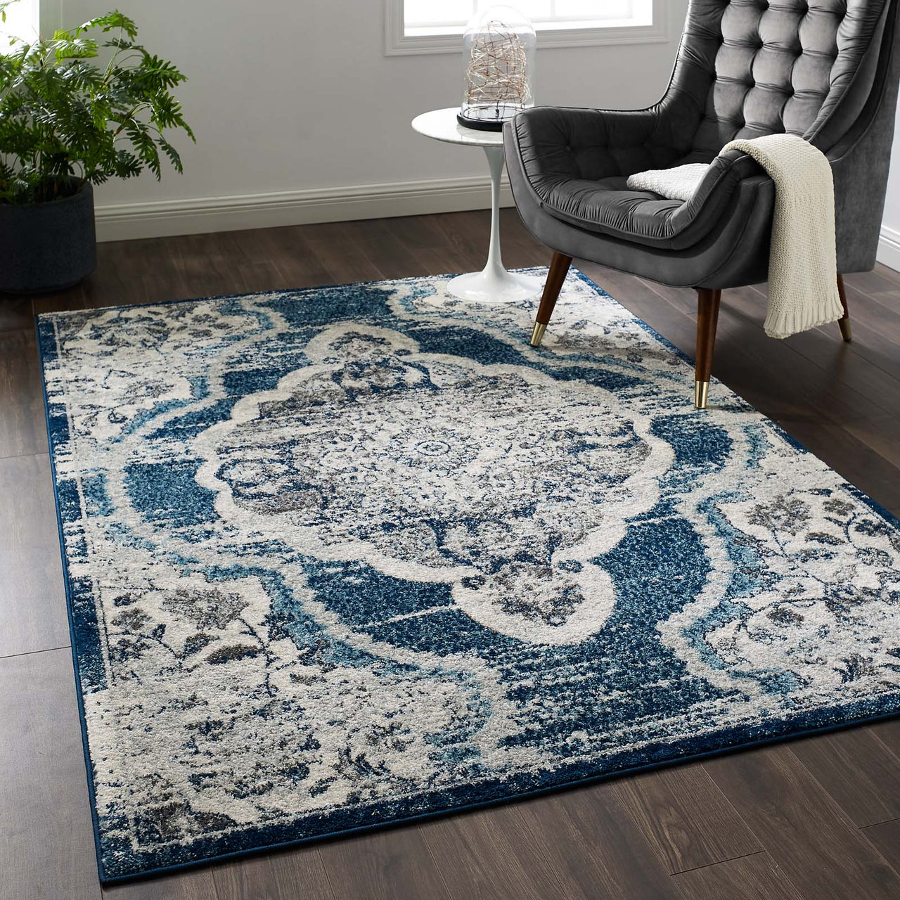 Chakra Third Eye, Ajna, 5x8 Area Rug, Ivory & Blue
