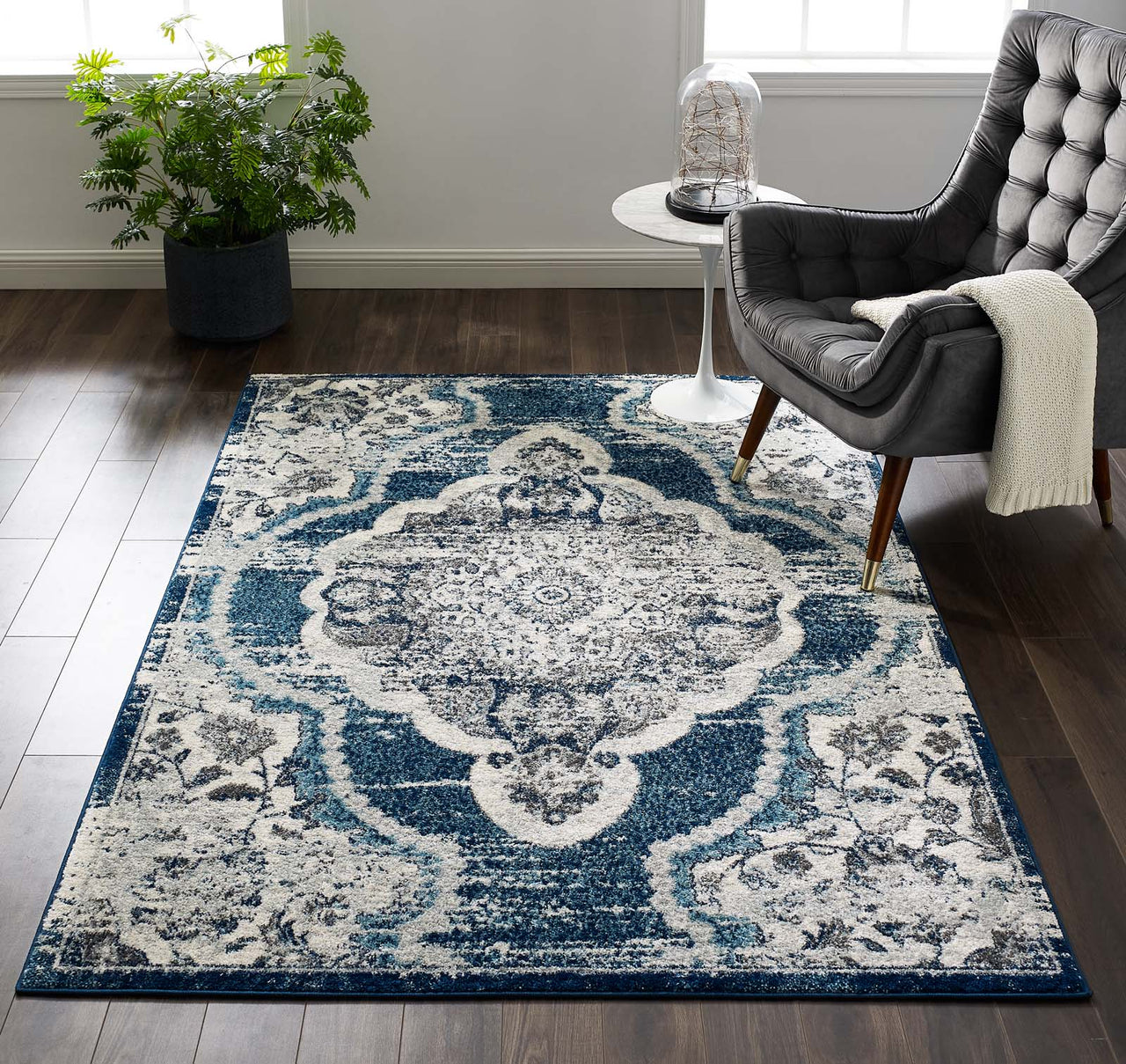 Chakra Third Eye, Ajna, 5x8 Area Rug, Ivory & Blue