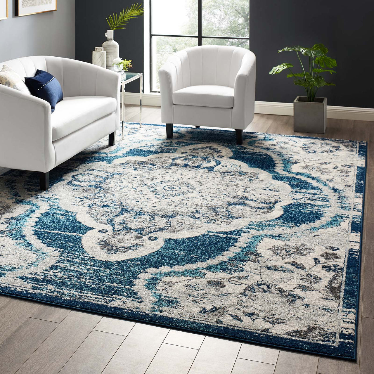 Chakra Third Eye, Ajna, 8x10 Area Rug, Ivory & Blue