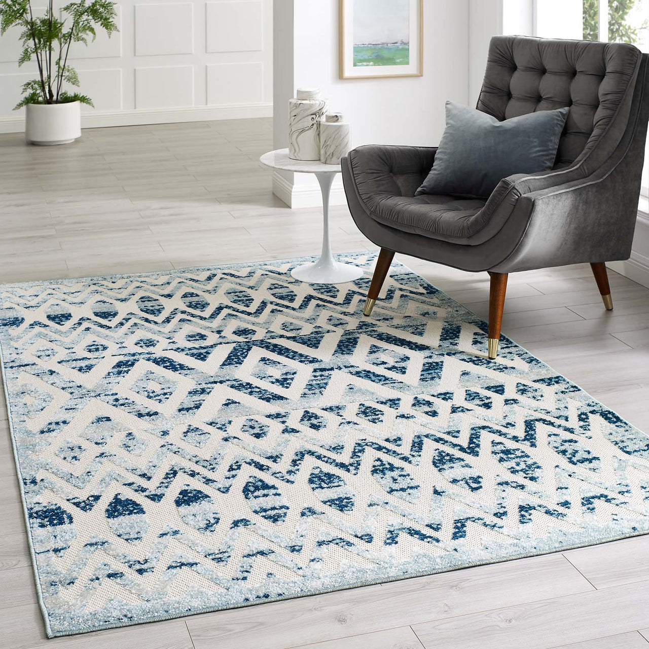 Mirror Pressure 5x8 Indoor | Outdoor Area Rug, Ivory & Blue