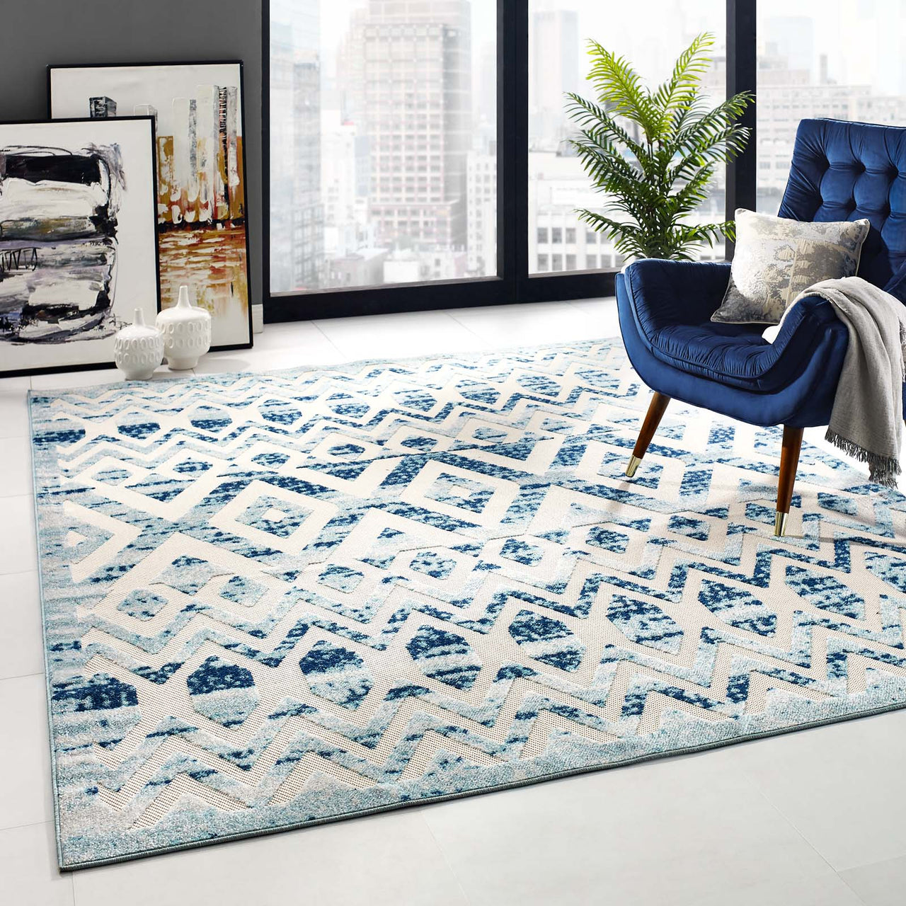 Mirror Pressure 8x10 Indoor | Outdoor Area Rug, Ivory & Blue