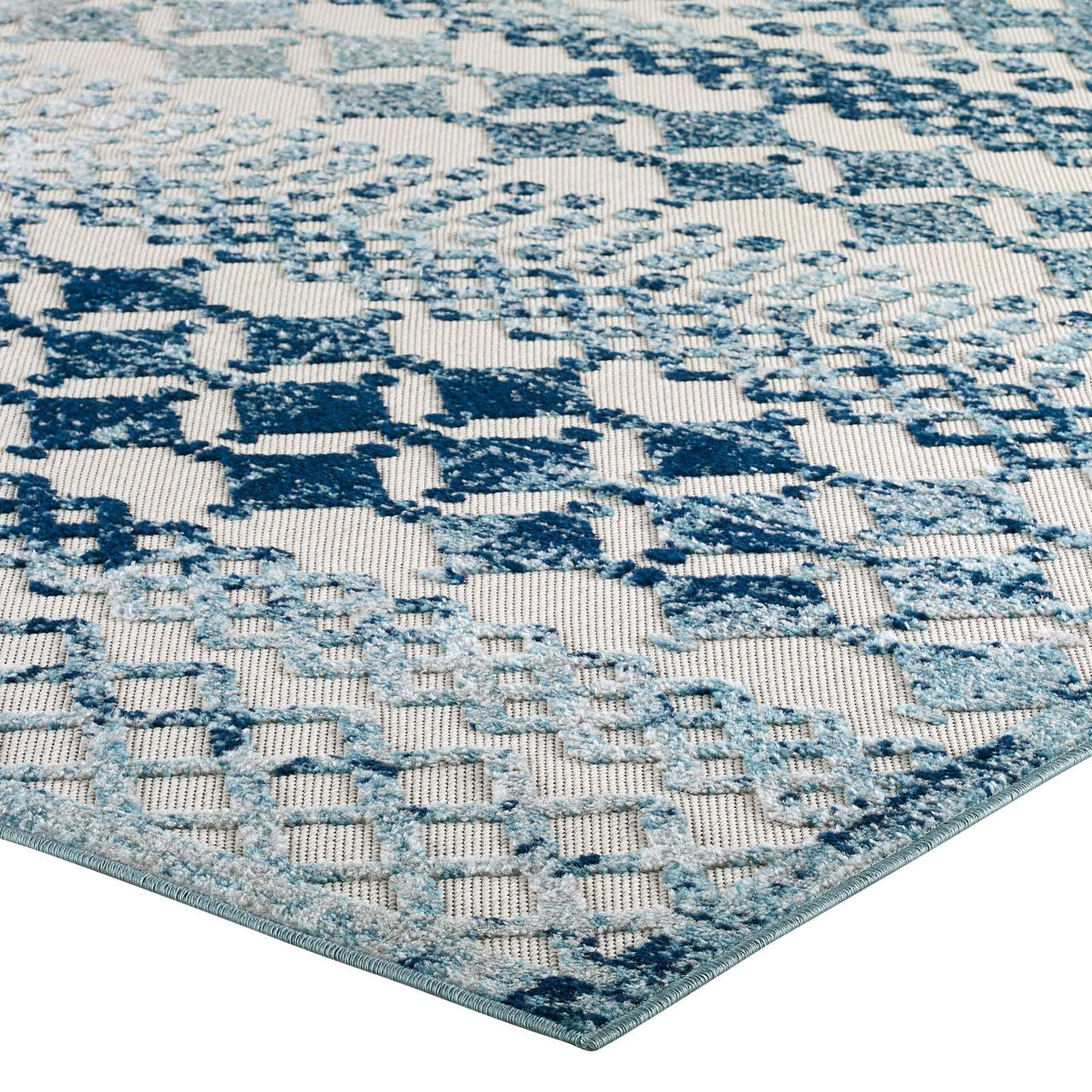Mirror Polymer 5x8 Indoor|Outdoor Area Rug, Ivory & Blue