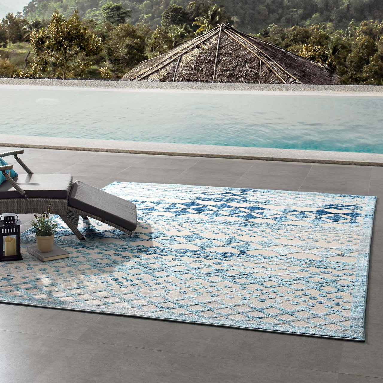 Mirror Polymer 8x10 Indoor|Outdoor Area Rug, Ivory & Blue