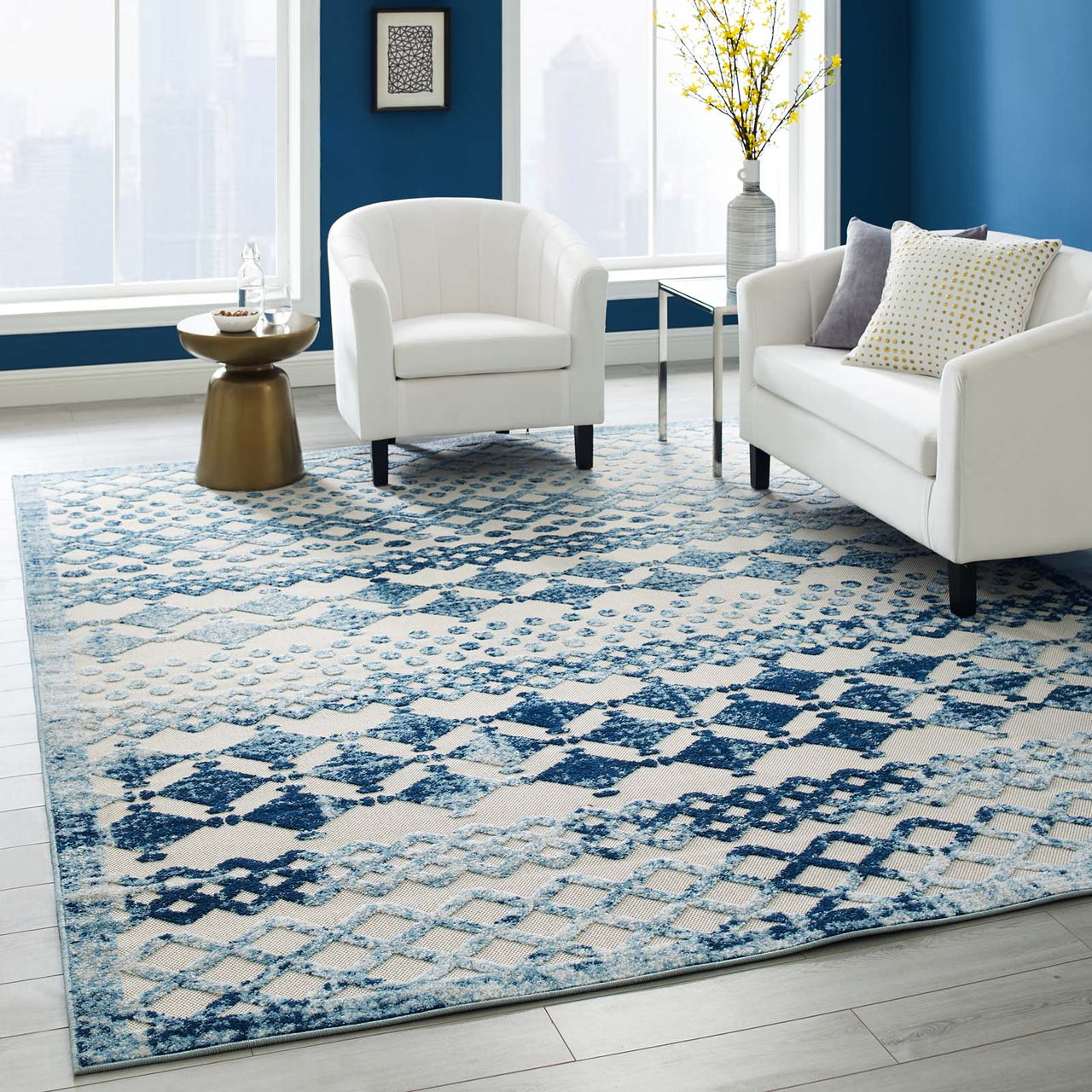 Mirror Polymer 8x10 Indoor|Outdoor Area Rug, Ivory & Blue
